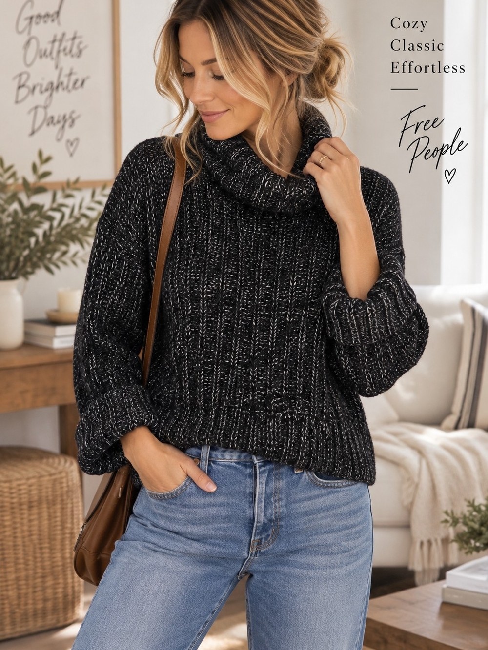 Free People Marled Chunky Knit Cropped Cowl Neck Sweater β Size M